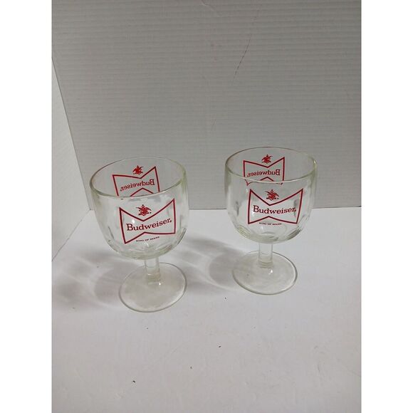 Two Vintage 6" Budweiser Bowtie‎ King Of Beers Thumbprint Glass Goblet - Picture 1 of 4